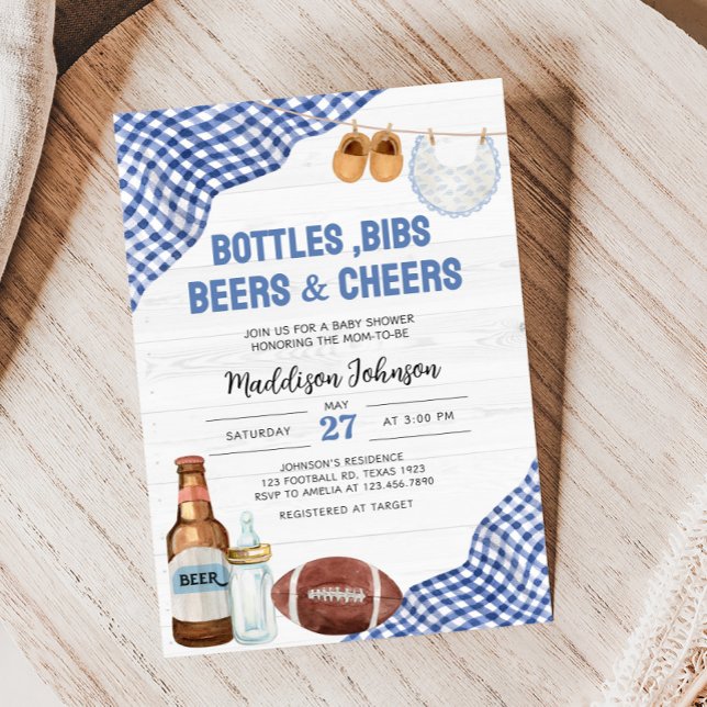 Blue Football Baby Shower Einladung (Bottles, Bibs, Beers & Cheers Baby Shower Invitation)