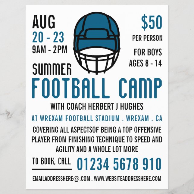 Blue Football Helmet, Football Camp Werbung Flyer (Vorne)