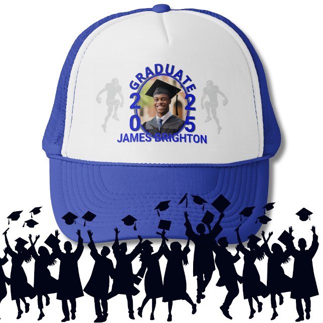 Blue Football Themed Foto Graduate Truckerkappe (Von Creator hochgeladen)