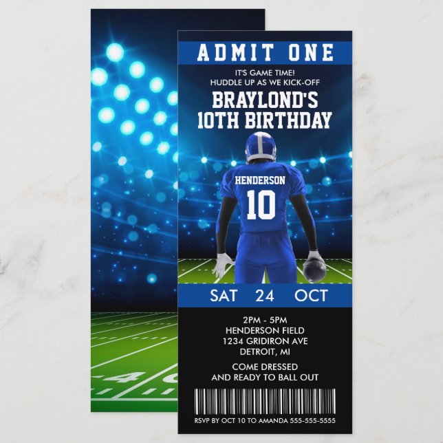 Blue Football Ticket Einladung zum Geburtstag (Vorne/Hinten)