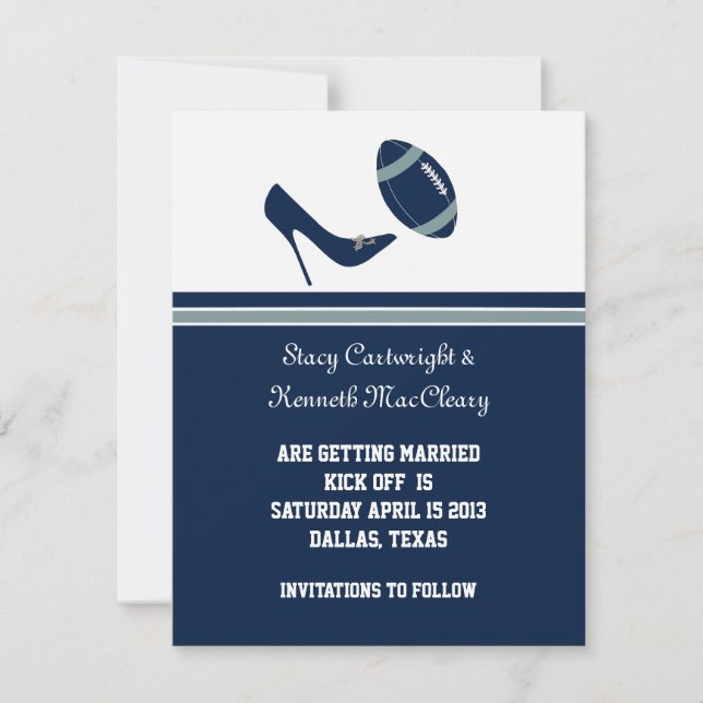 Blue Football Wedding Save the Date Ankündigung (Vorderseite)