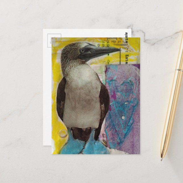 Blue Footed Bird mixed media collage Postkarte (Vorderseite/Rückseite Beispiel)