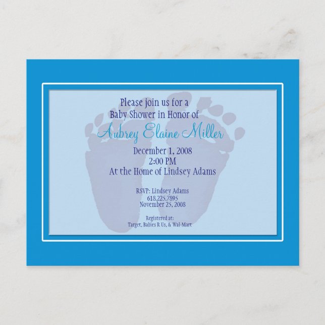 Blue Footprint Baby Dusche Einladung (Vorderseite)