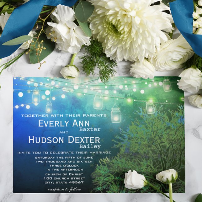 Blue Forest Mason Jar Fairy Lights Hochzeit Einladung (Von Creator hochgeladen)