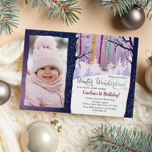 Blue Forest Winter Wonderland Girls Geburtstags-Fo Einladung