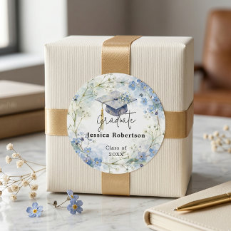 Blue Forget Me Not Watercolor Graduation Cap Runder Aufkleber