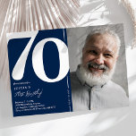 Blue Foto 70. Geburtstagsparty Einladung<br><div class="desc">Mit den Einladungen zum klassisch marineblauen Geburtstag zum 70. Geburtstag bleibende Erinnerungen schaffen! Diese Einladungen mit einem großen, fetten Serif-Schriftart, der die Nummer '70', ein Foto des Geburtstagsjungen / -mädchens und eine moderne Vorlage zeigt, die leicht zu personalisieren ist, werden den Geist des Ereignisses einfangen. Mit ihrem einzigartigen Design werden...</div>