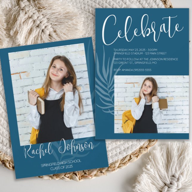 Blue Foto Abschluss Einladung (Blue and gold graduation announcement)