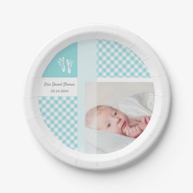Blue Foto Birth Announcement Gingham Footprints Pappteller (Vorderseite)