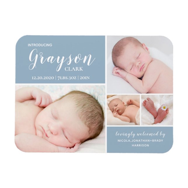 Blue Foto Collage Baby Boy Geburtsankündigung Magnet (Horizontal)