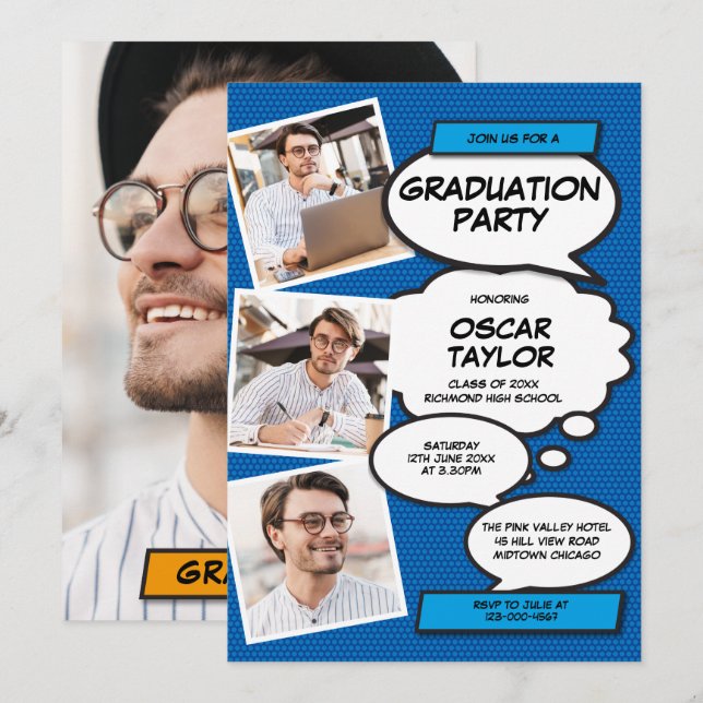 Blue Foto Collage Moderne Fun Graduation Party Einladung (Vorne/Hinten)