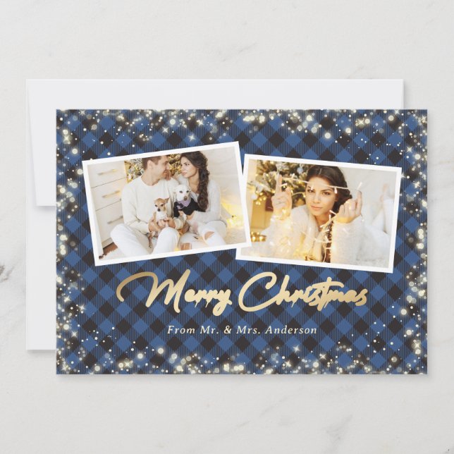 Blue Foto Kariert Gold Newlyweds Frohe Weihnachten (Vorderseite)