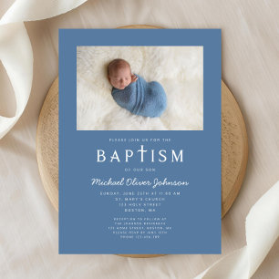 Blue Foto Religious Cross Boy Baptism Einladung