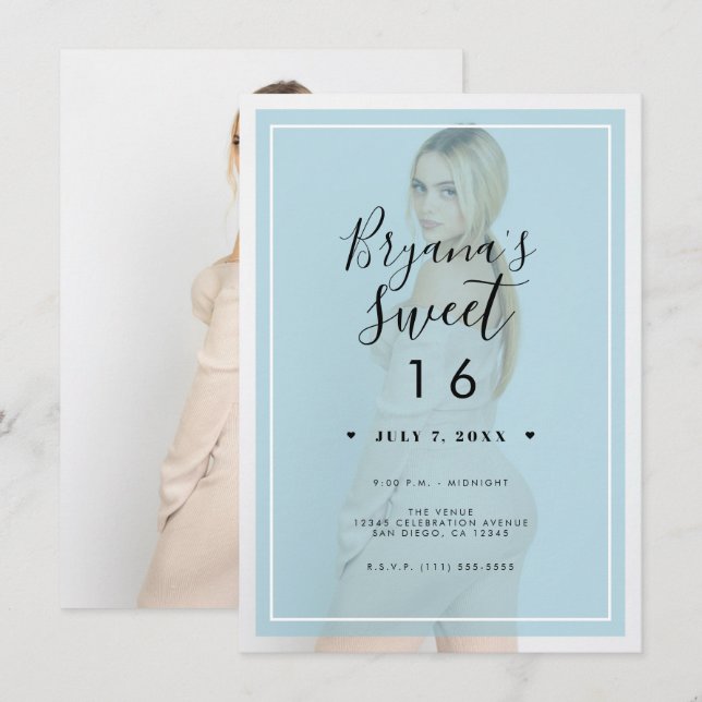 Blue Foto Tint Overlay 2 Modernes Minimal Sweet 16 Einladung (Vorne/Hinten)