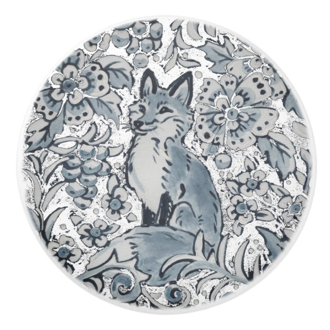 Blue Fox Floral Woodland Einzigartiges Art Delft L Keramikknauf (Vorderseite)