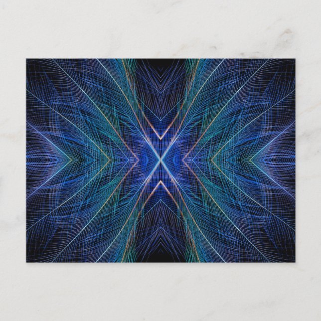 Blue Fractal Feather Design Postkarte (Vorderseite)