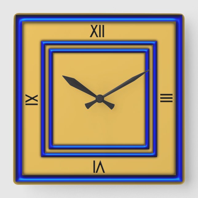 Blue Frame 4 Black Numerals Gold Quadratische Wanduhr (Vorderseite)