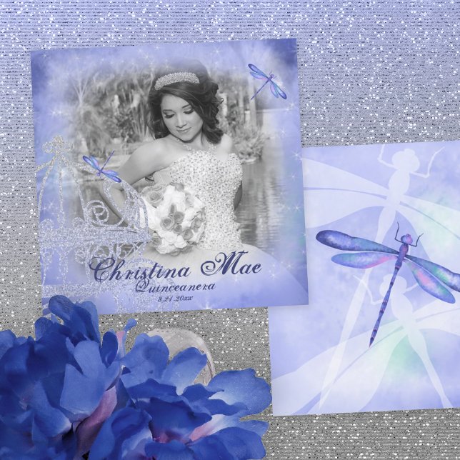 Blue Frame Quinceañera Foto Card Einladung (Light blue, dusty blue and silver horse carriage quinceanera invitation, whimsical blue dragonflies)