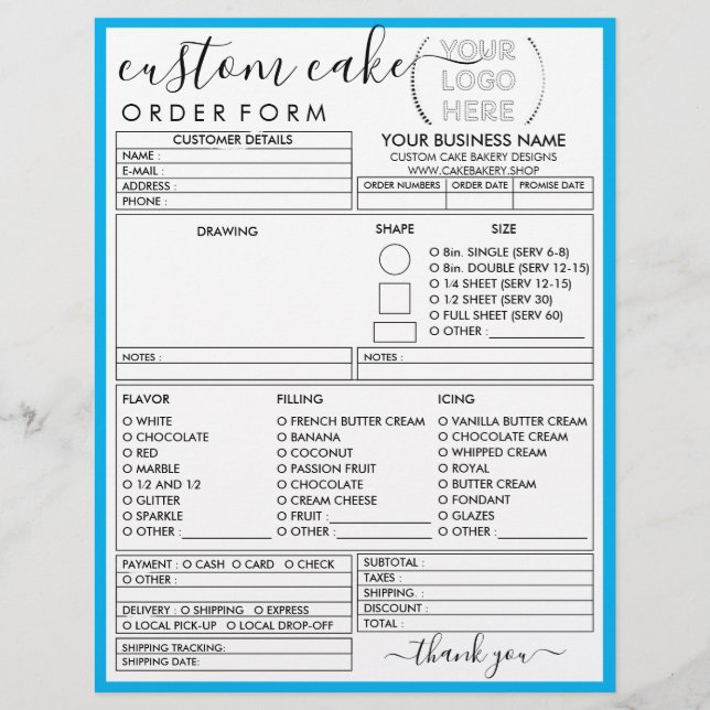 Blue Frame Simple Modern Bakery Cake Order Form Flyer (Vorne)