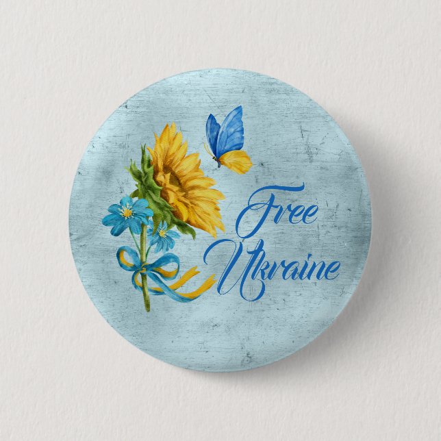 Blue Free Ukraine Sunflower & Butterfly Button (Vorderseite)