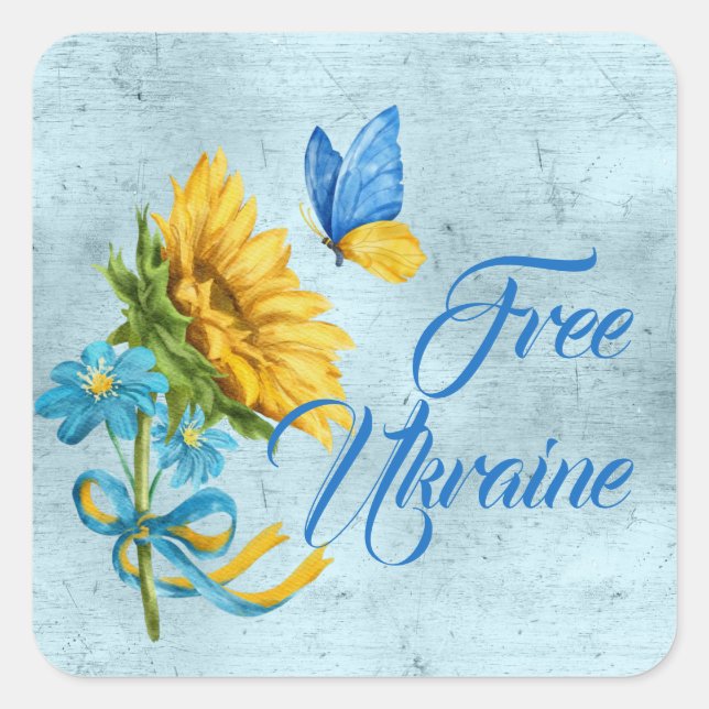 Blue Free Ukraine Sunflower & Butterfly Quadratischer Aufkleber (Vorderseite)