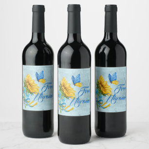 Blue Free Ukraine Sunflower & Butterfly Weinetikett