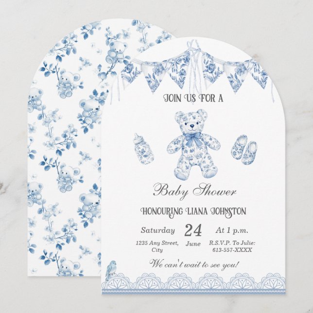 Blue French Bear-Baby Boy Shower Einladung (Vorne/Hinten)