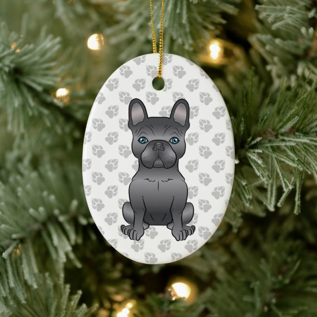 Blue French Bulldog / Frenchie Cartoon Dog & Text Keramik Ornament (Baum)