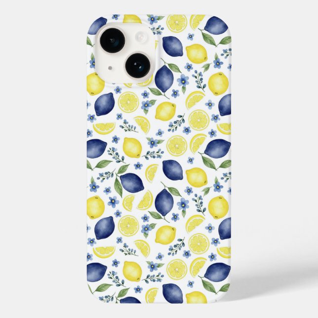 Blue French Country Lemon Pattern Case-Mate iPhone 14 Hülle (Rückseite)