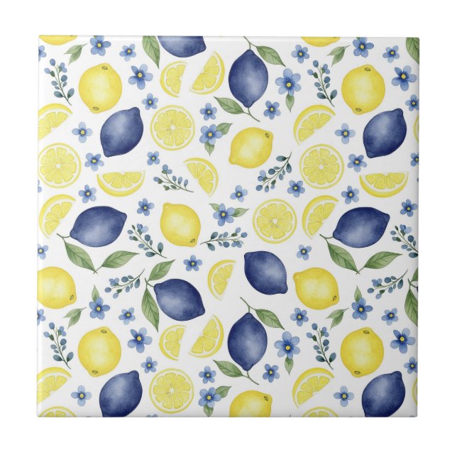 Blue French Country Lemon Pattern Fliese (Vorderseite)