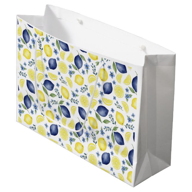 Blue French Country Lemon Pattern Große Geschenktüte (Vorderseite Schrägansicht)
