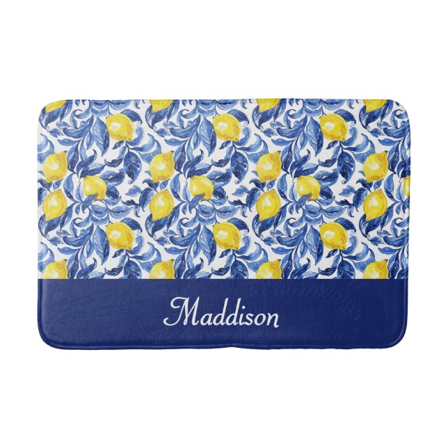 Blue French Country Lemon Pattern Monogram Name Badematte (Vorderseite)