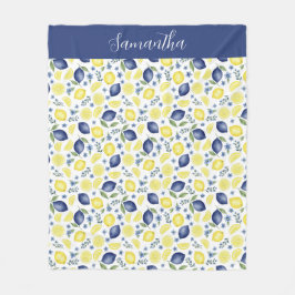 Blue French Country Lemon Pattern Monogram Name Fleecedecke