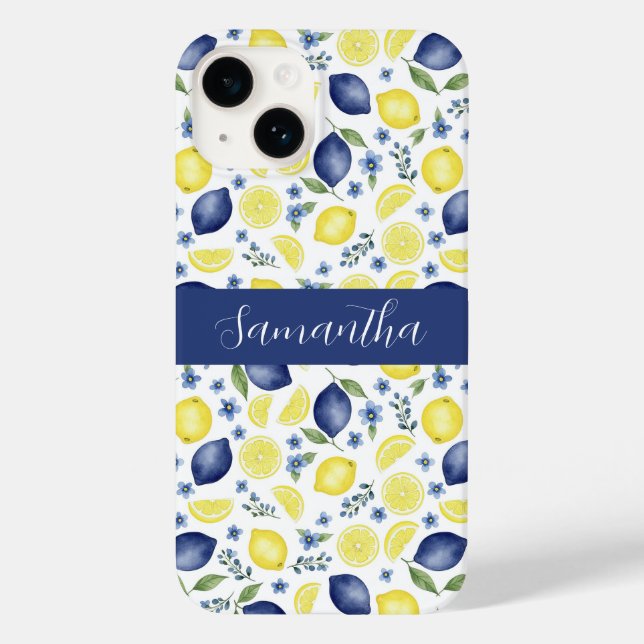 Blue French Country Lemon Pattern Name Case-Mate iPhone 14 Hülle (Rückseite)