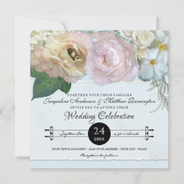Blue French Floral Blume Peony Typografy Wedding Einladung