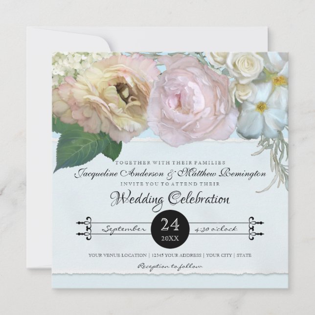Blue French Floral Blume Peony Typografy Wedding Einladung (Vorderseite)