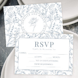 Blue French floral monogram weded RSVP cards
