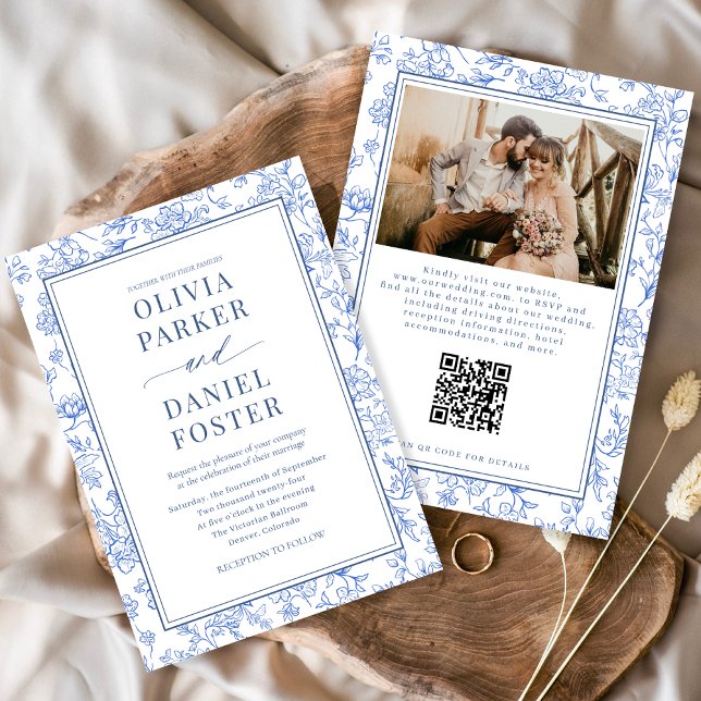 Blue French Floral Photo QR Code Toile Invitation Einladung (Von Creator hochgeladen)