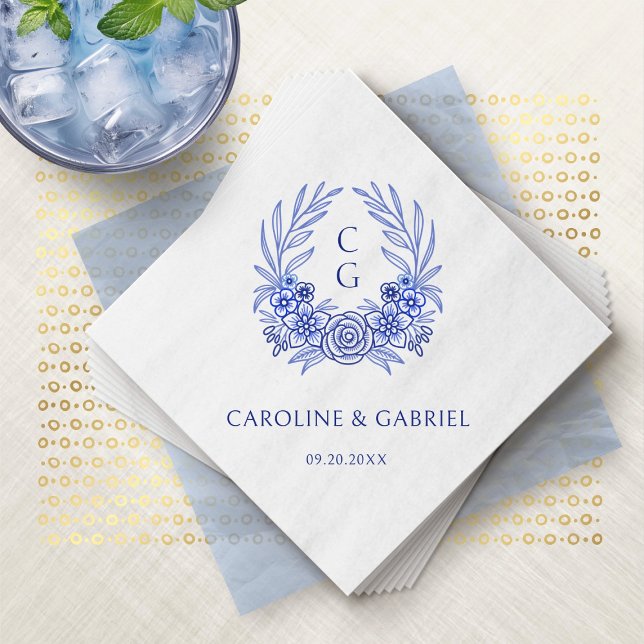 Blue French Floral Wappen Wreath Monogram Wedding Serviette (Von Creator hochgeladen)