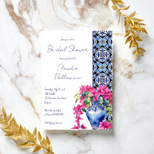 Blue French Tiles Bougainvillea Brautparty Einladung