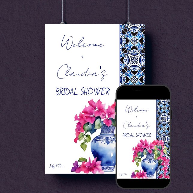 Blue French Tiles Bougainvillea Brautparty Poster (Blue French Maiolica Tiles Bougainvillea Mediterranean bridal shower welcome sign Poster template)