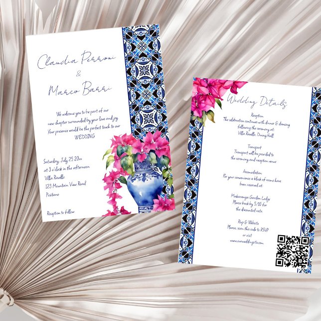 Blue French Tiles Bougainvillea Einladung (Blue French Mediterranean Tiles Bougainvillea elegant all in one wedding Invitation template digital)