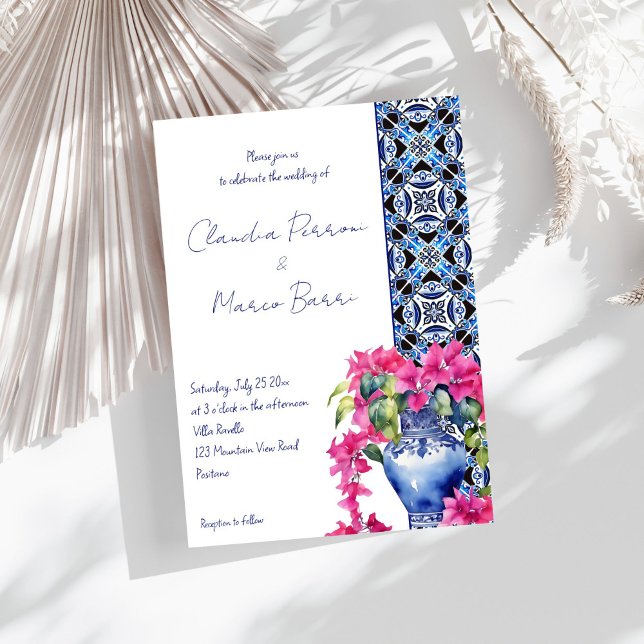 Blue French Tiles Bougainvillea Einladung (Blue French Azulejo Talavera Tiles Bougainvillea in ceramic vase elegant wedding Invitation template)