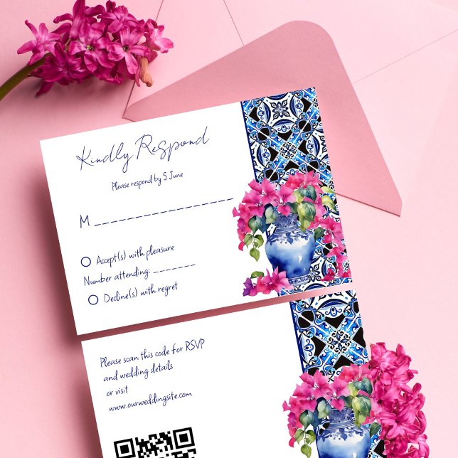 Blue French Tiles Bougainvillea RSVP Karte (Blue French Mediterranean Majolica Azulejo Tiles Bougainvillea vase elegant wedding QR RSVP Card)