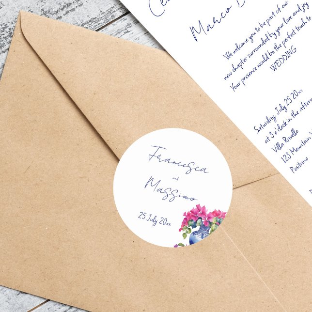 Blue French Tiles Bougainvillea Runder Aufkleber (Blue French Tiles Bougainvillea elegant Mediterranean wedding envelope Sticker bride and groom names)