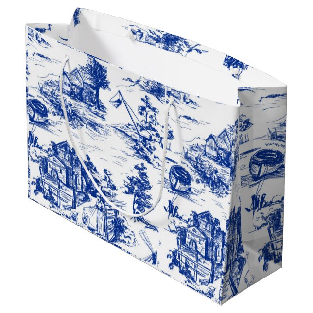 Blue French Toile Große Geschenktüte (Rückseite Schrägansicht)