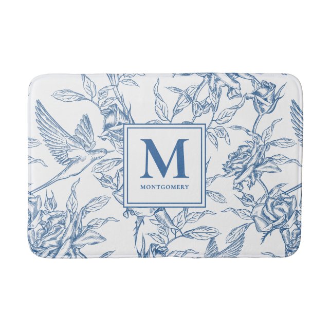 Blue French Toile Monogram Name Badematte (Vorderseite)