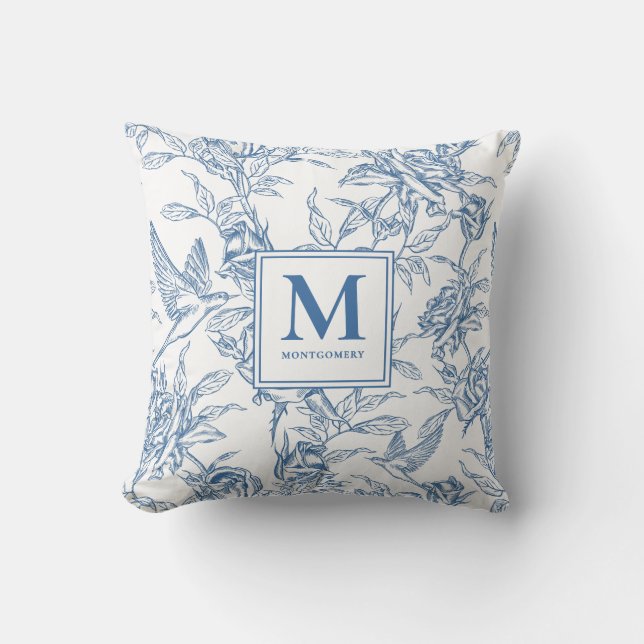 Blue French Toile Monogram Name Kissen (Vorderseite)