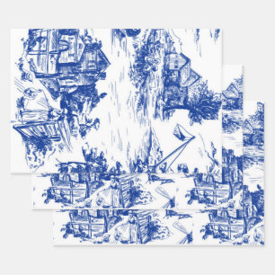 Blue French Toile Round Geschenkpapier Set