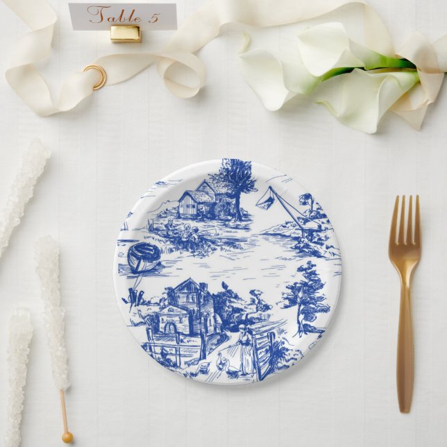 Blue French Toile Round Pappteller (Hochzeit)